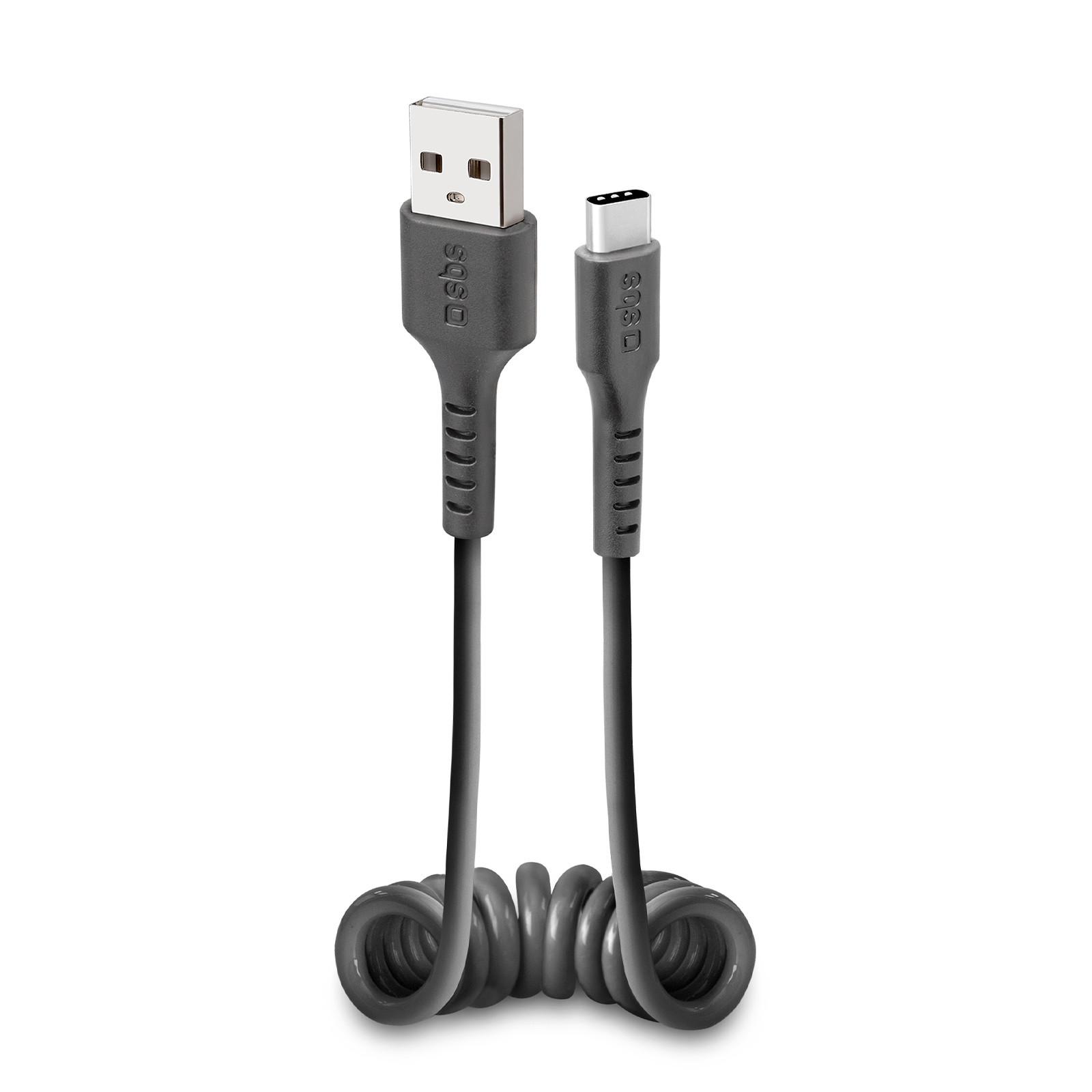 Spiral-Daten- und Ladekabel, USB-A auf USB-C, 0,5 m, Schwarz