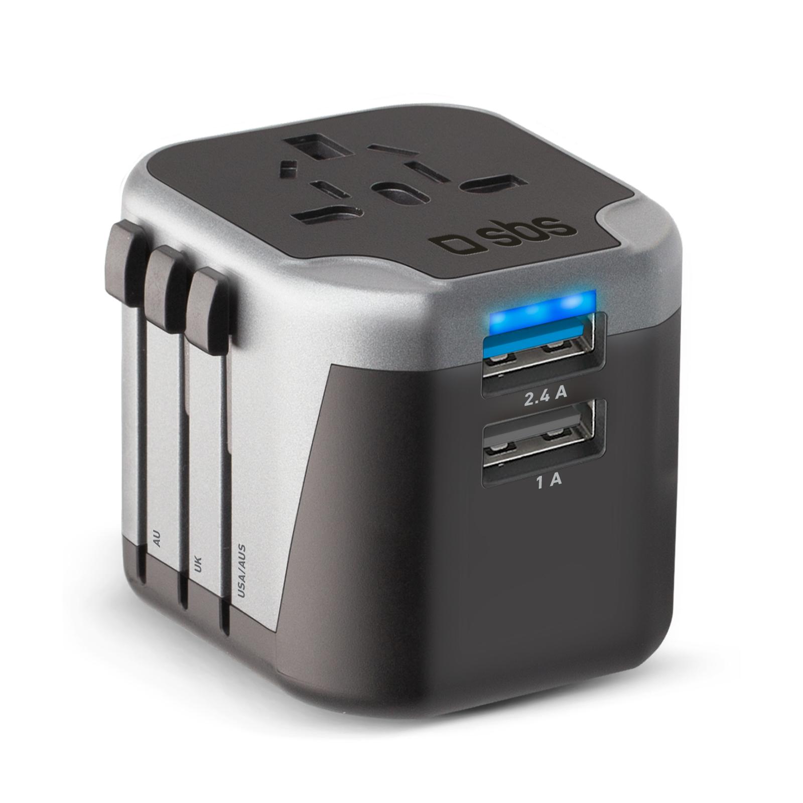 Universal-Reiseadapter, USB-A, 12 W, 2,4 A, 1 A, Schwarz/Silber
