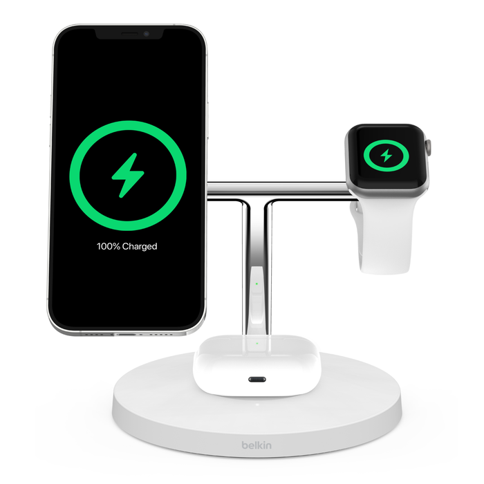 BoostCharge Pro Drahtloses 3-in-1-Ladegerät mit MagSafe, 15 W, Weiß