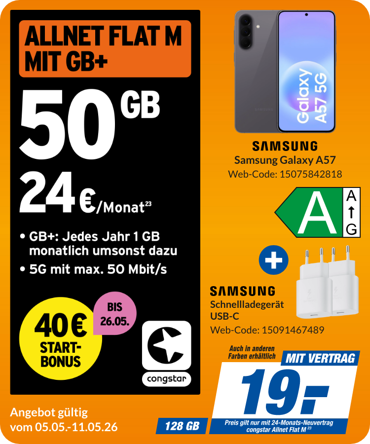 Galaxy A57 + Adapter mit Allnet Flat M für 19€!