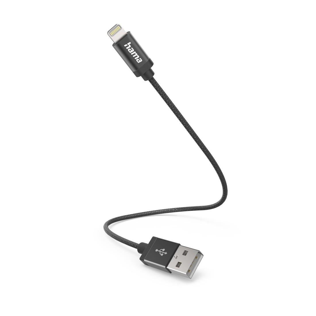 Ladekabel, USB-A - Lightning, 0,2 m, Nylon, Schwarz (00201578)
