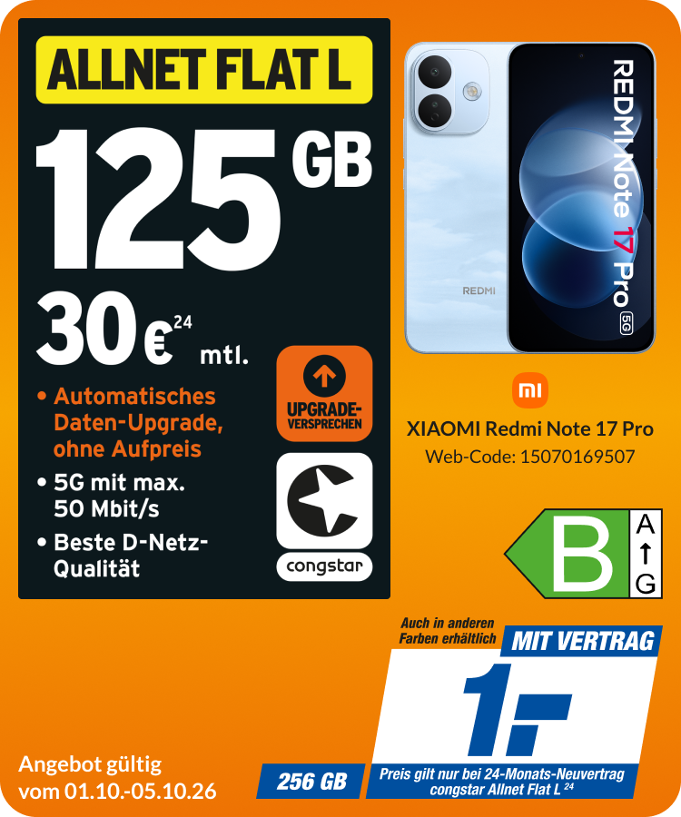 Xiaomi Redmi Note 17 Pro mit Allnet Flat L für 1€!