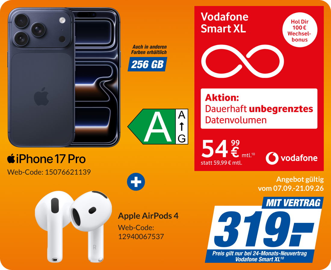 iPhone 17 Pro + AirPods 4 mit Smart XL für 319€!