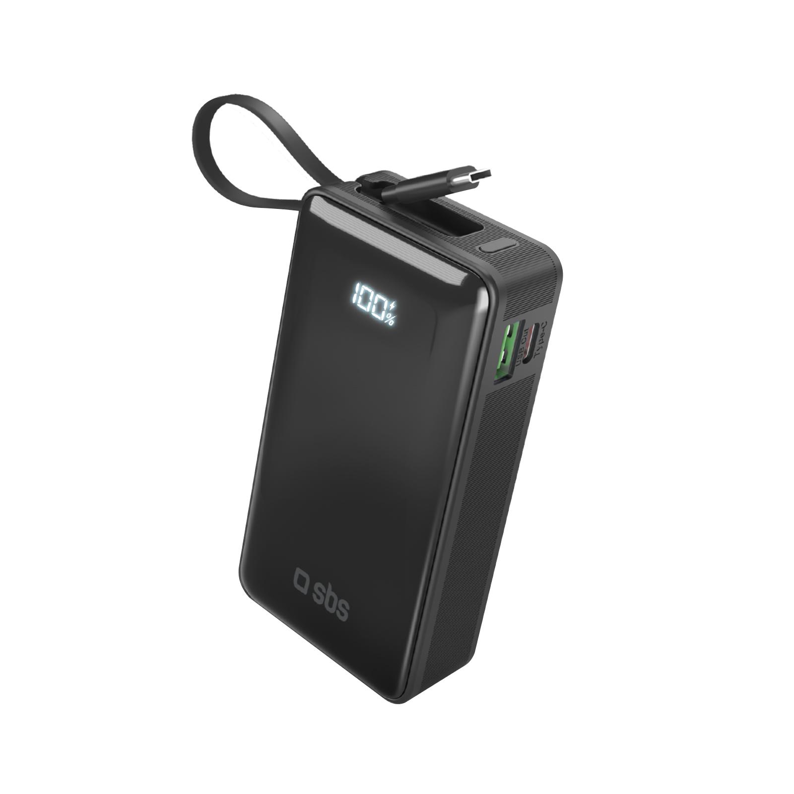 10.000 mAh-Powerbank mit integriertem USB-C Kabel, Schwarz