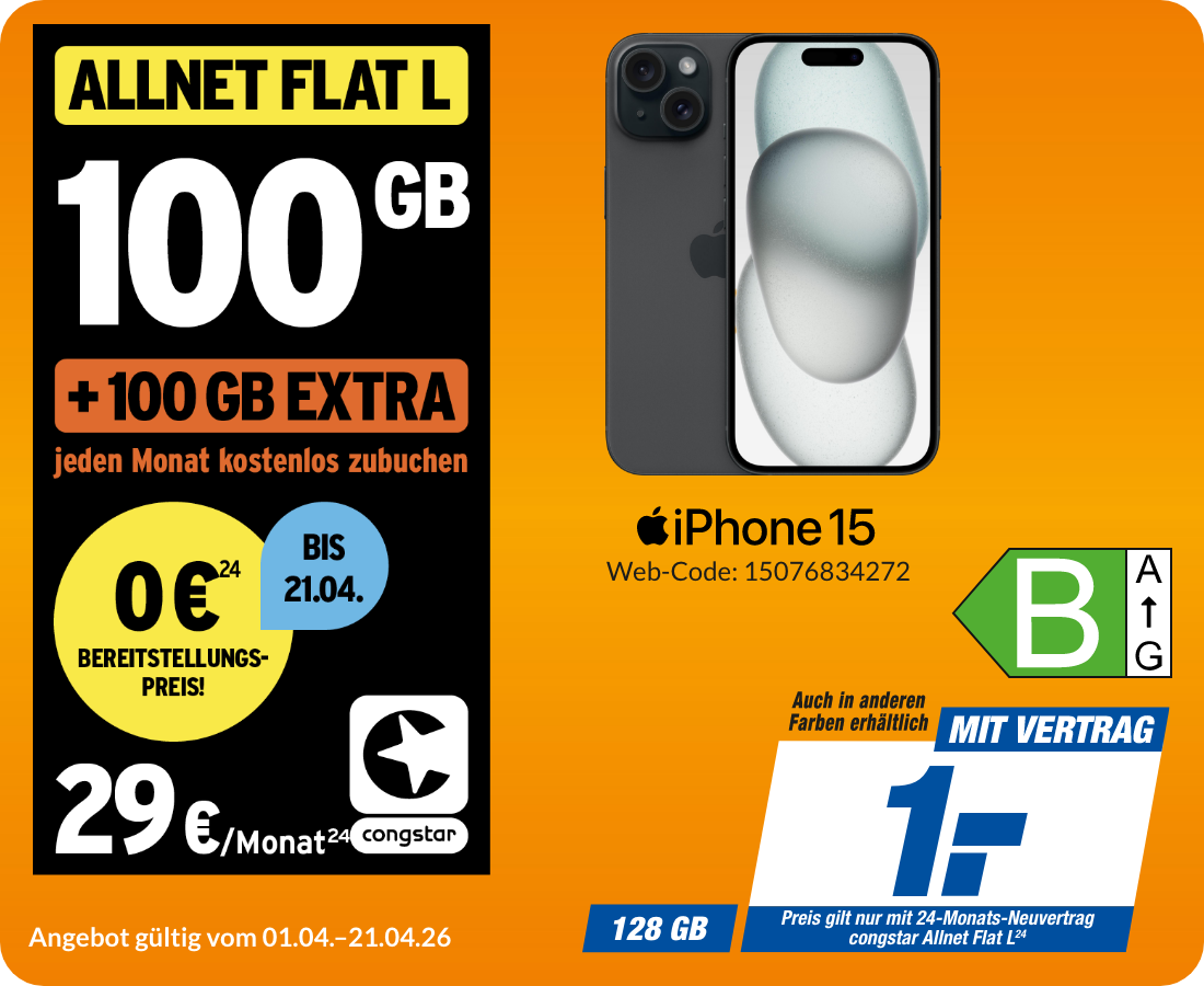 Apple iPhone 15 mit Allnet Flat L für 1€!