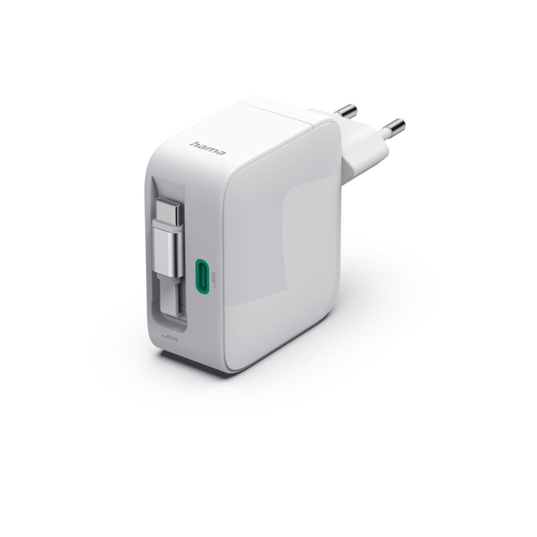 Schnellladegerät, GaN, 2x USB-C, ausziehbares Ladekabel, PD, 65 W, Weiß (00200025)