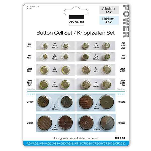 Knopfzellen-Set, 24 Stk. 12 verschiedene Typen, Alkaline und Lithium (31736)