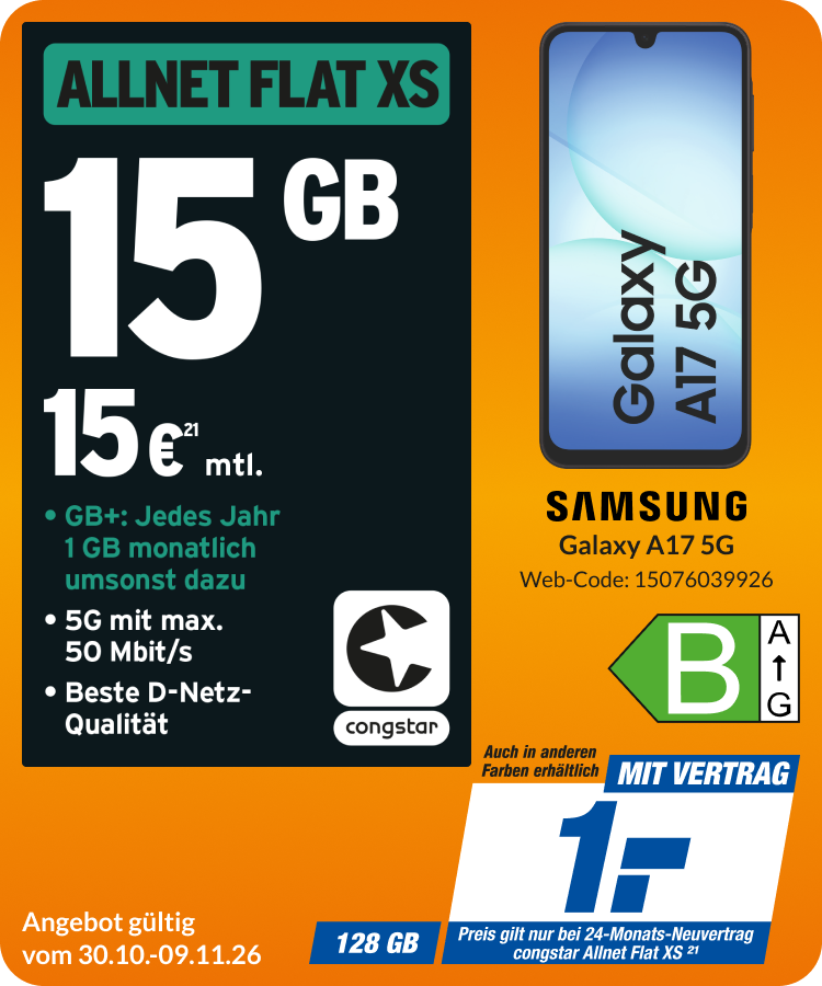 Samsung A17 mit Allnet Flat XS für 1€!