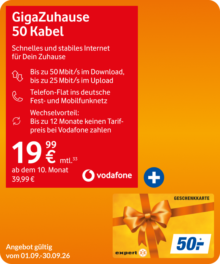 GigaZuhause 50 Kabel mit 50€ expert Gutschein!