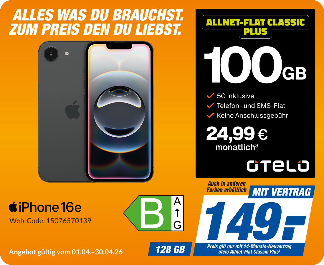 Apple iPhone 16e mit Allnet Flat Classic Plus für 149€!