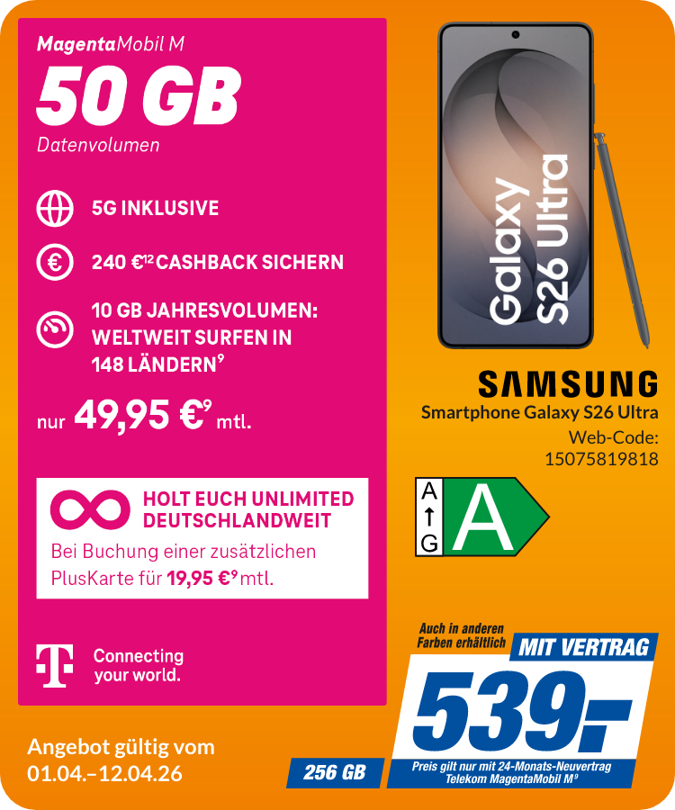 Galaxy S26 Ultra mit Magenta Mobil M für 539€!