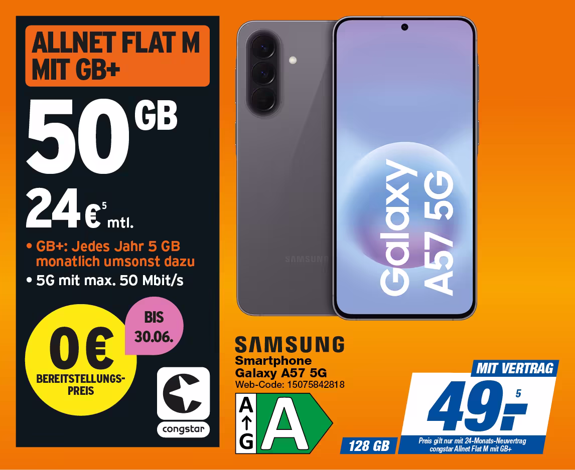 Samsung Galaxy A57 5G mit Congstar Allnet-Flat M mit GB+