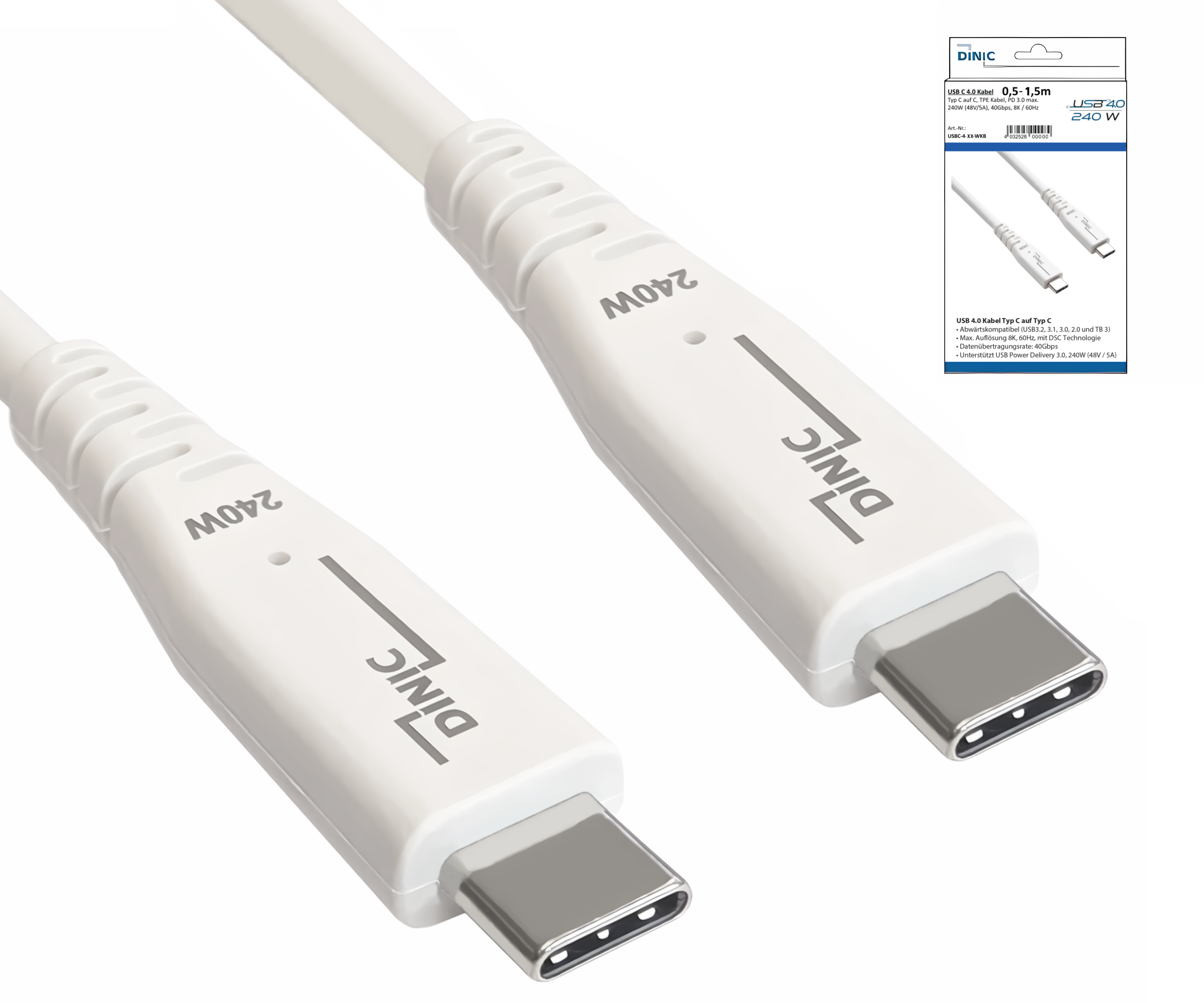 USB C 4.0 Kabel, 240W PD, 40Gbps, weiß, 1,5m Typ C auf C, OD 5,2mm