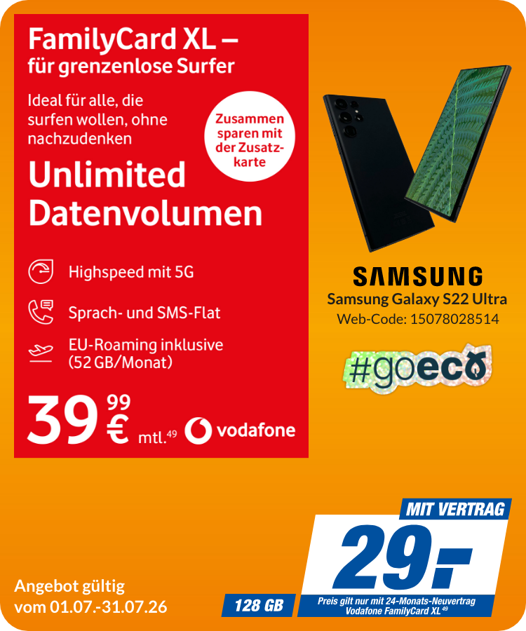 Galaxy S22 Ultra mit FamilyCard XL für 29€!