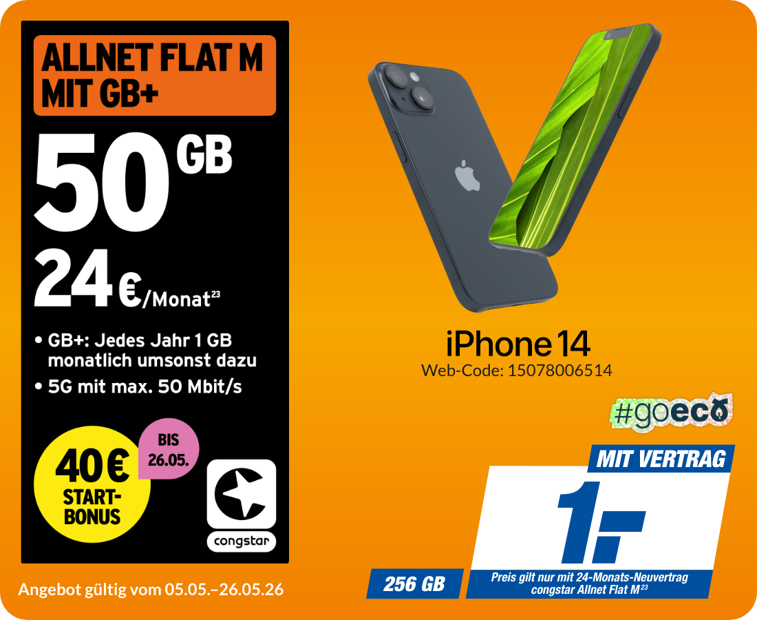 Apple iPhone 14 mit Allnet Flat M für 1€!