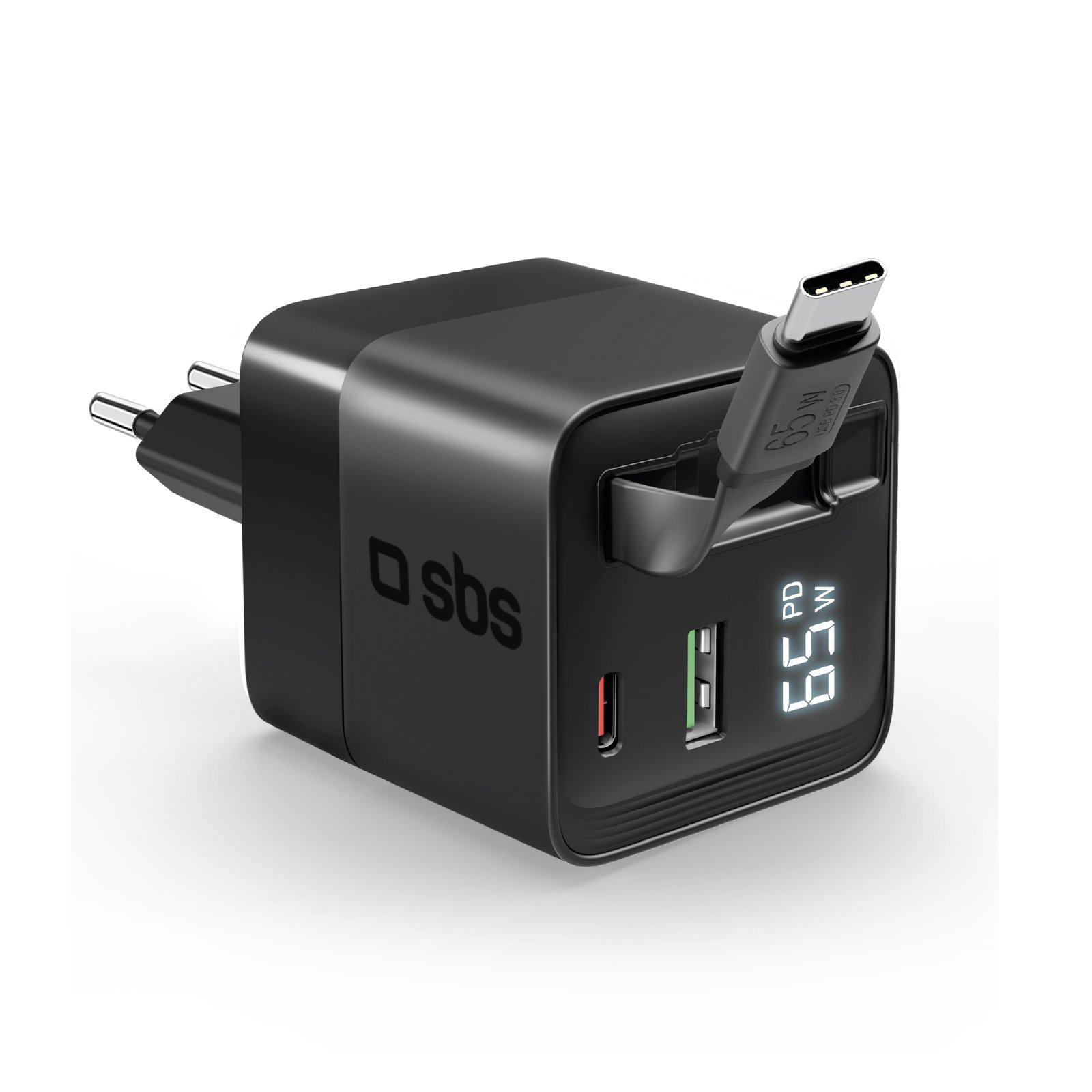 Wandladegerät GaN 65&nbsp;W mit LCD-Bildschirm und integriertem USB-C-Kabel, Schwarz Ladegeräte