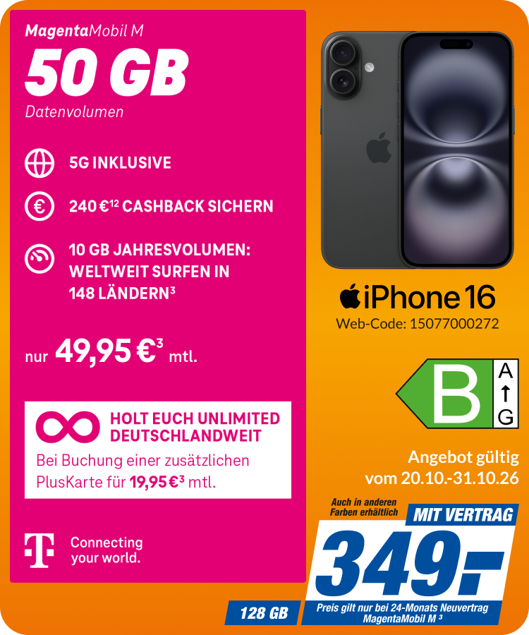 Apple iPhone 16 mit Magenta Mobil M für 349€!