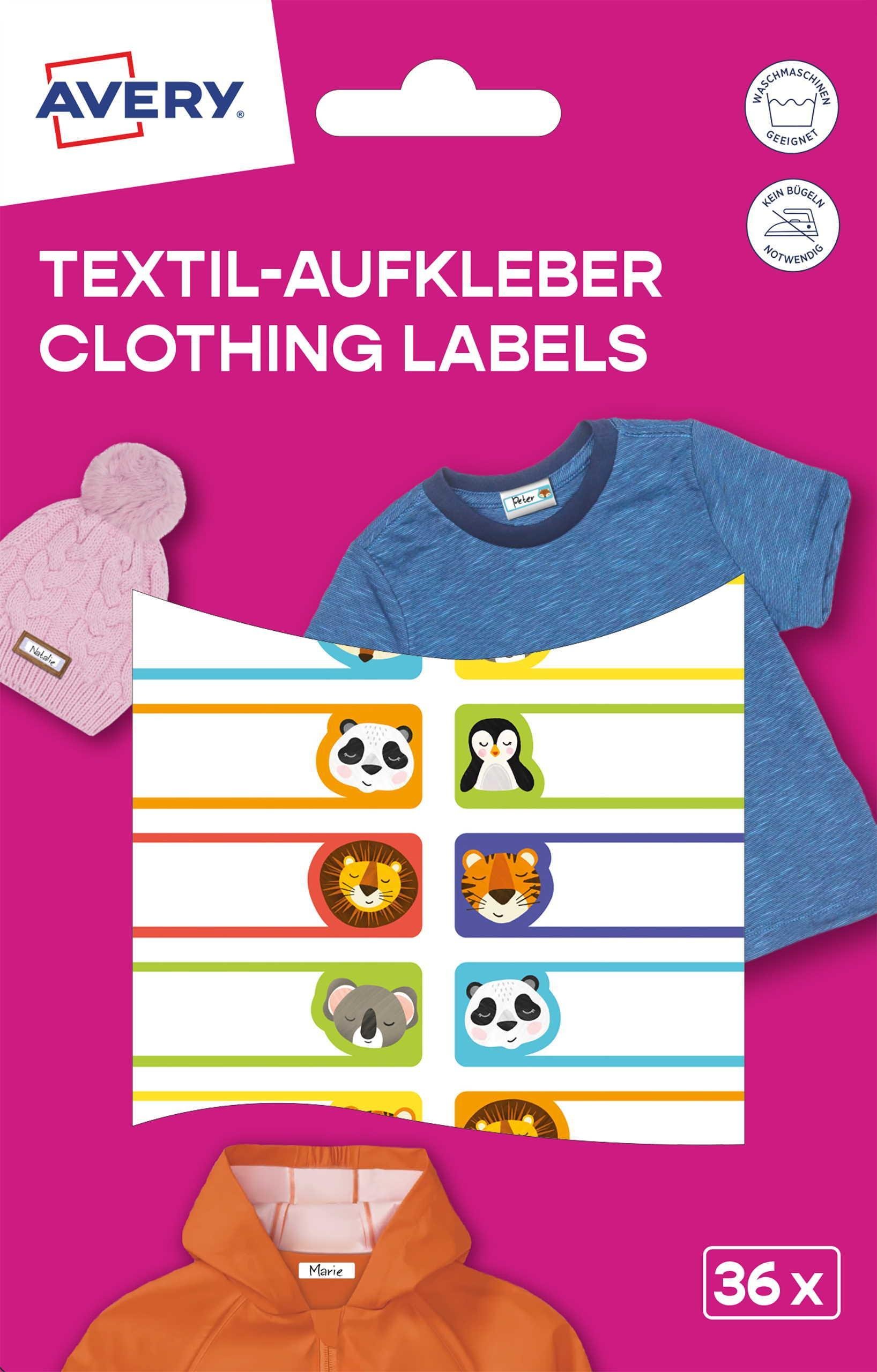 Avery ETVET36A, Textil-Etiketten, Vinyl-Folie, Tiere, 13 x 45 mm, 36 Aufkleber
