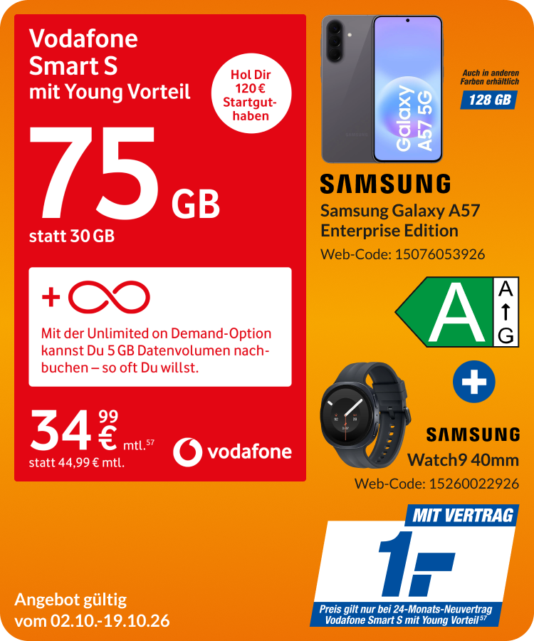 Samsung Galaxy A57 Enterprise + Watch 9 mit Smart S Young für 1€!