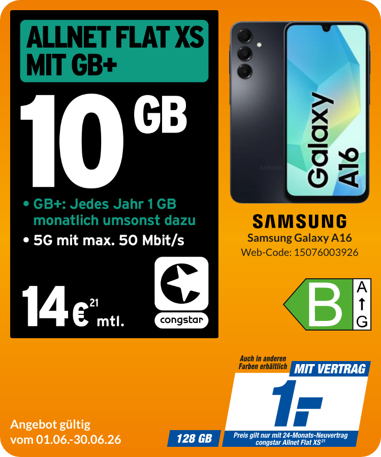 Samsung A16 mit Allnet Flat XS für 1€!