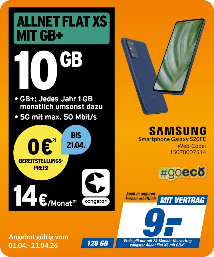 Samsung S20FE mit Allnet Flat XS für 9€!