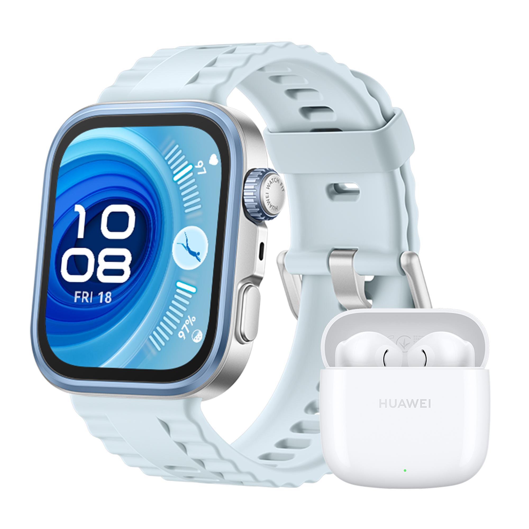 Watch Fit 4 Pro, silbernes Gehäuse mit blauem Fluorelastomer-Armband + FreeBuds SE 2