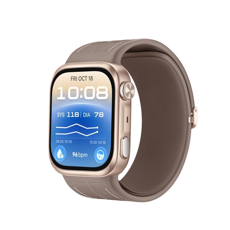 Watch D3 Goldfarbenes Gehäuse aus Aluminiumlegierung mit sandfarbenem Kunstlederarmband Smartwatch