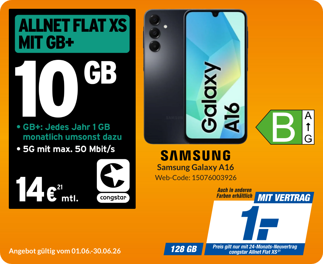 Samsung A16 mit Allnet Flat XS für 1€!
