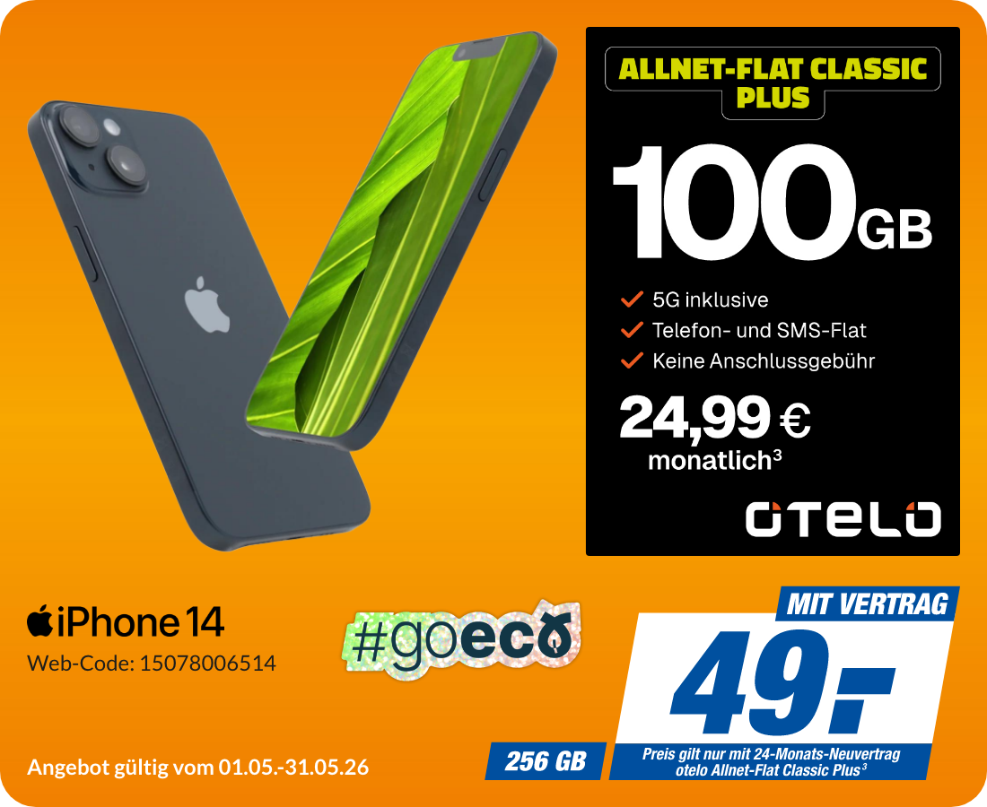 Apple iPhone 14 mit Allnet Flat Classic Plus für 49€!