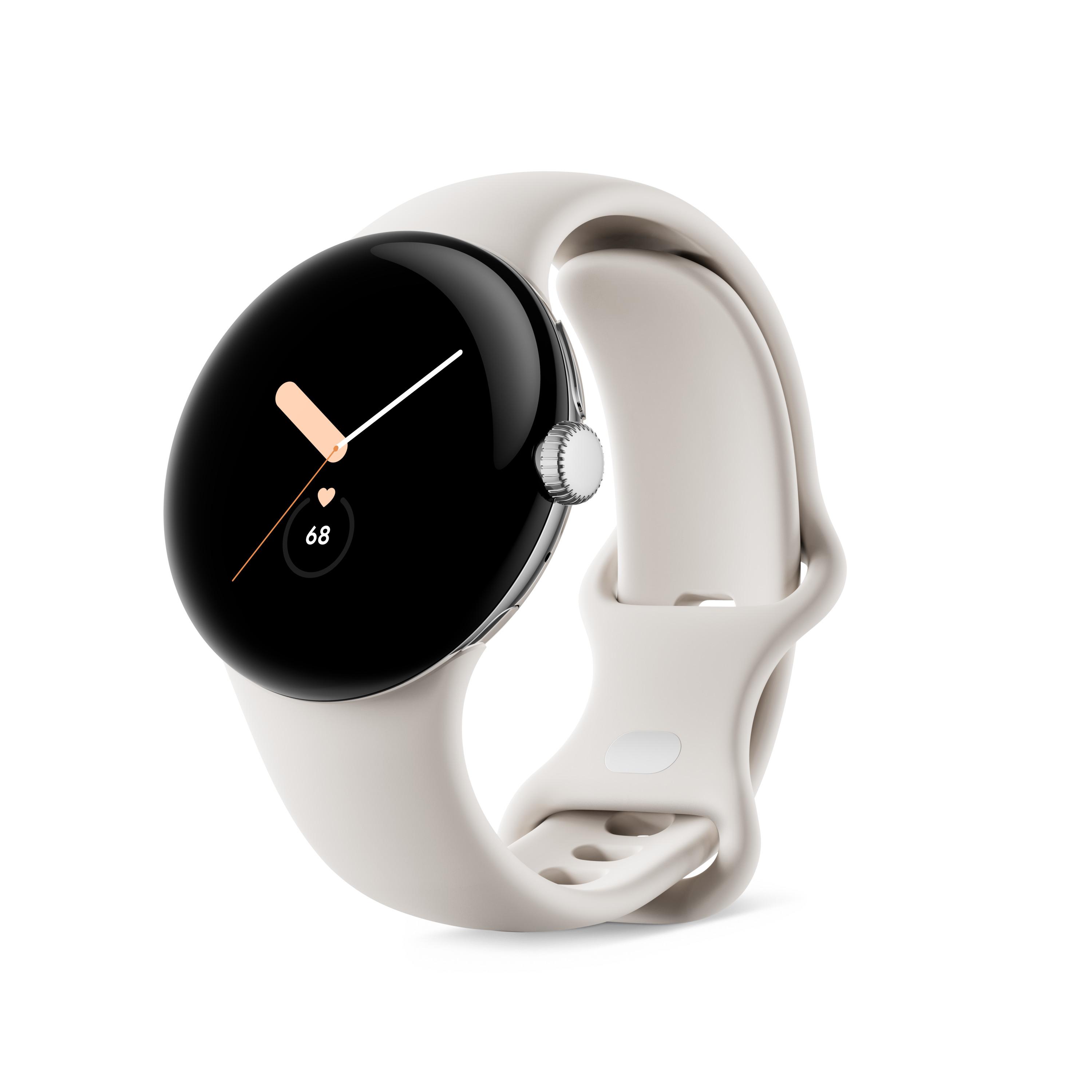 Pixel Watch WiFi, silbernes Edelstahlgehäuse mit Chalk Active Armband Smartwatch