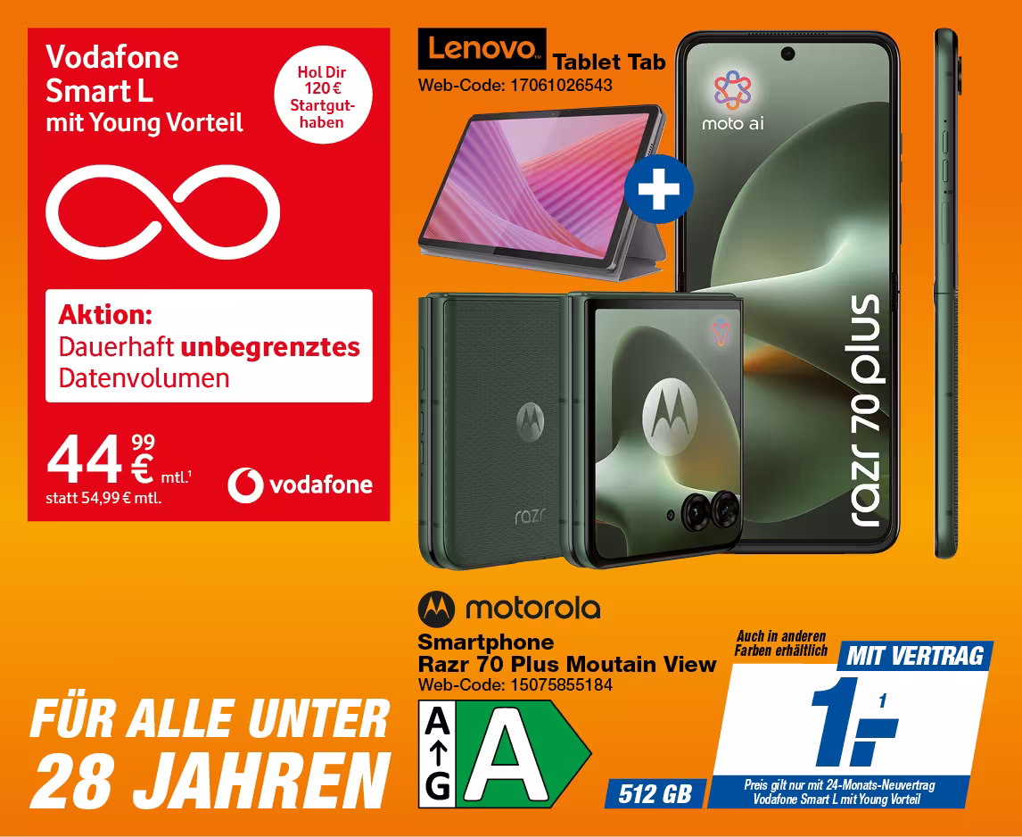 Motorola Razr 70 Plus + Lenovo Tablet mit Vodafone Smart L mit Young Vorteil