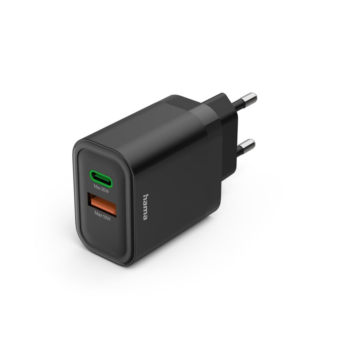 Schnellladegerät, 1x USB-C, 1x USB-A, PD, 30 W, Schwarz Ladegerät (USB-A + USB-C)