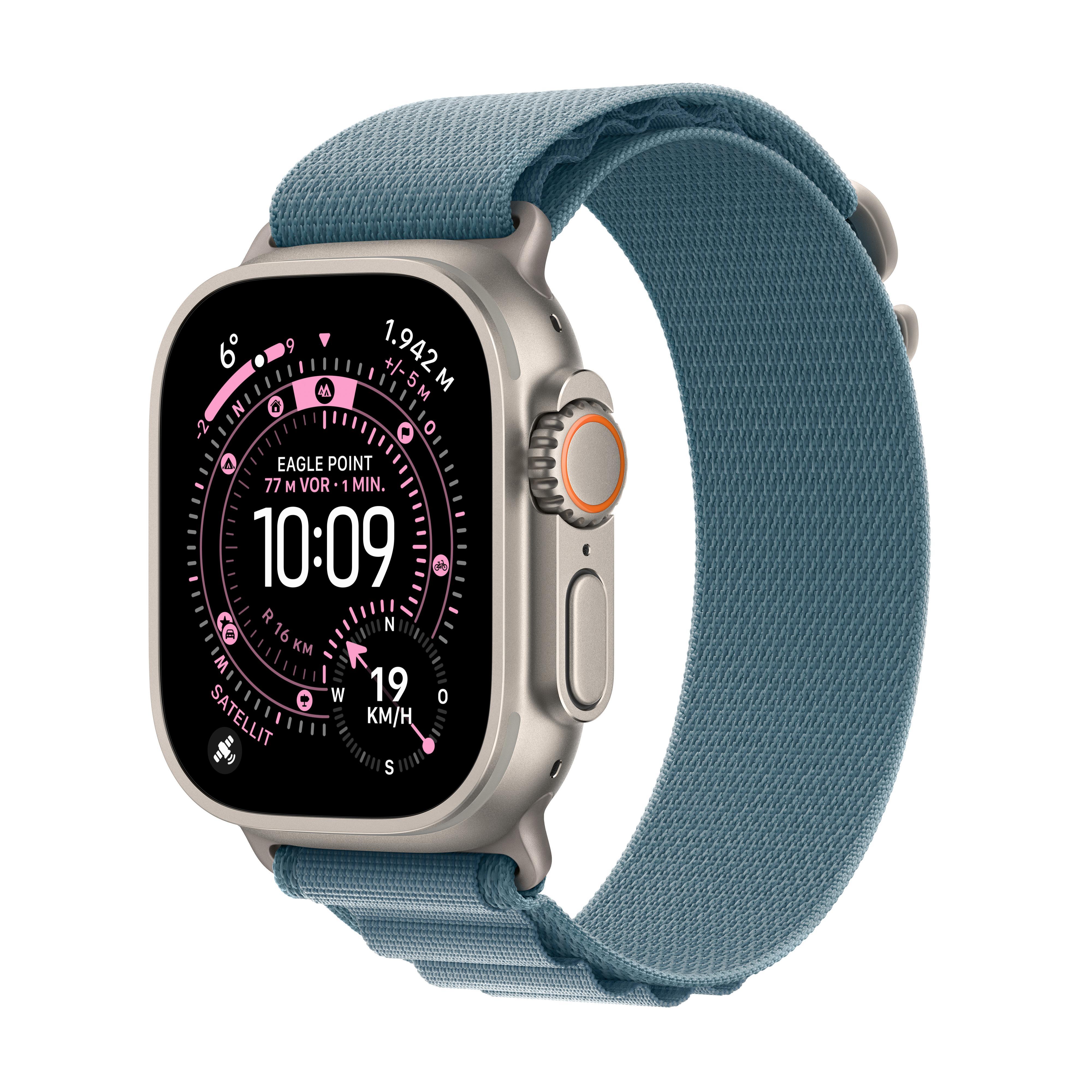 Watch Ultra 3, GPS + Cellular, 49mm, Natur Titaniumgehäuse mit Hellblau Alpine Loop Armband - Medium