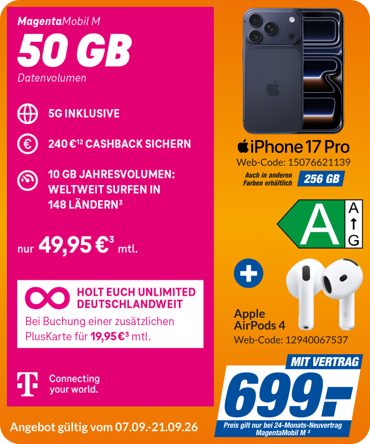 iPhone 17 Pro + Air Pods 4 mit Magenta Mobil M für 699€!