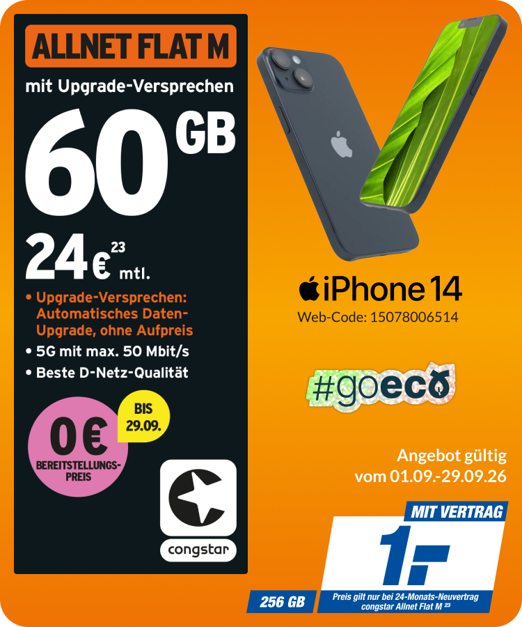 iPhone 14 mit Allnet Flat M für 1€!