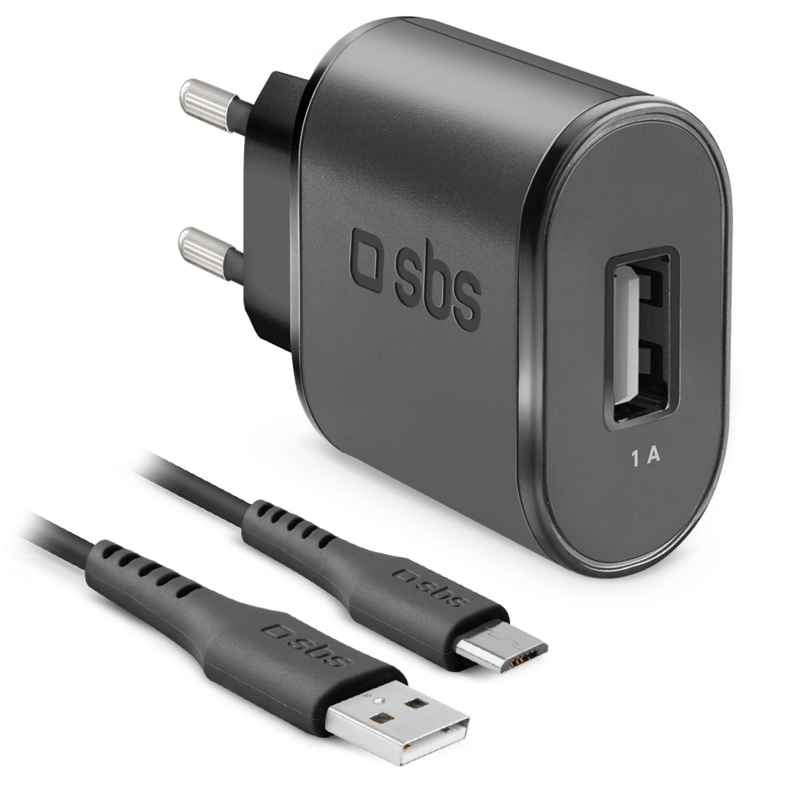 Reiseladeset mit Micro-USB-Kabel, USB-A, 5 W, 1A, 1 m, Schwarz