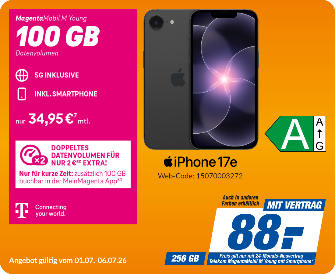 Apple iPhone 17e mit Magenta Mobil M Young für 88€!