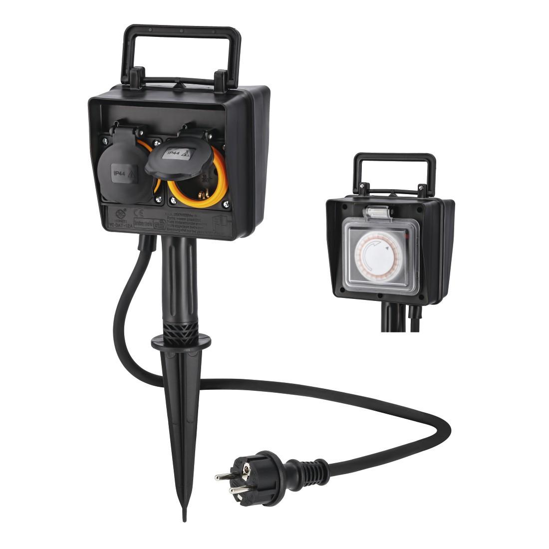 Außensteckdose 2-fach, mit Zeitschaltuhr und Erdspieß, wetterfest IP44 (00223305)