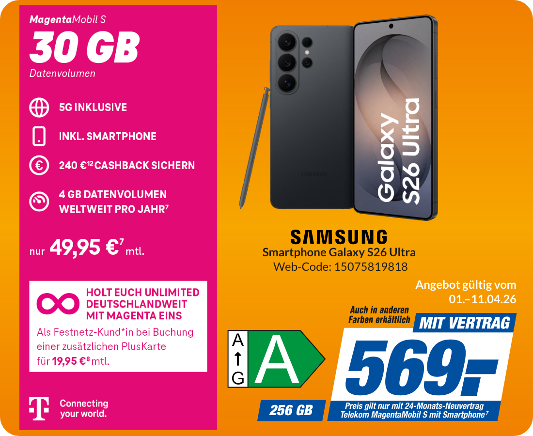 Galaxy S26 Ultra mit Magenta Mobil S für 569€!
