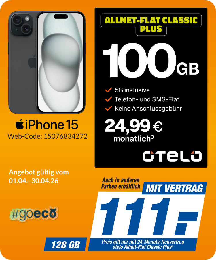 Apple iPhone 15 mit Allnet Flat Classic Plus für 111€!