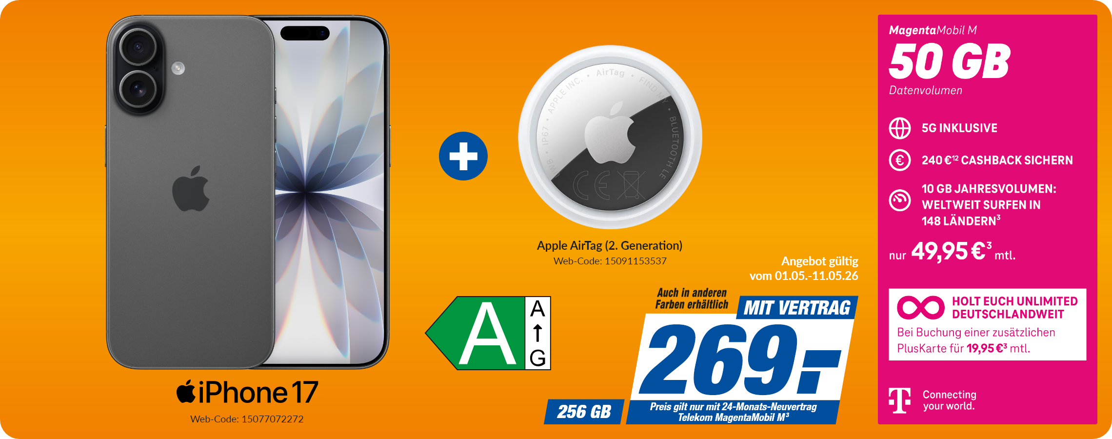 Apple iPhone 17 + Airtag 2. Gen mit Magenta Mobil M für 269€!