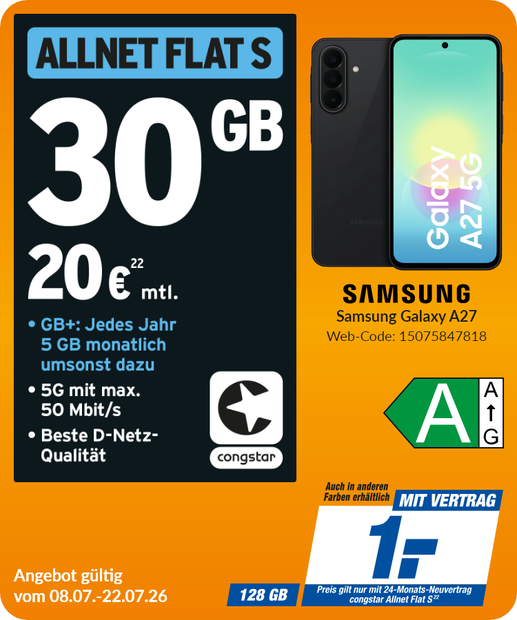Samsung A27 mit Allnet Flat S für 1€!