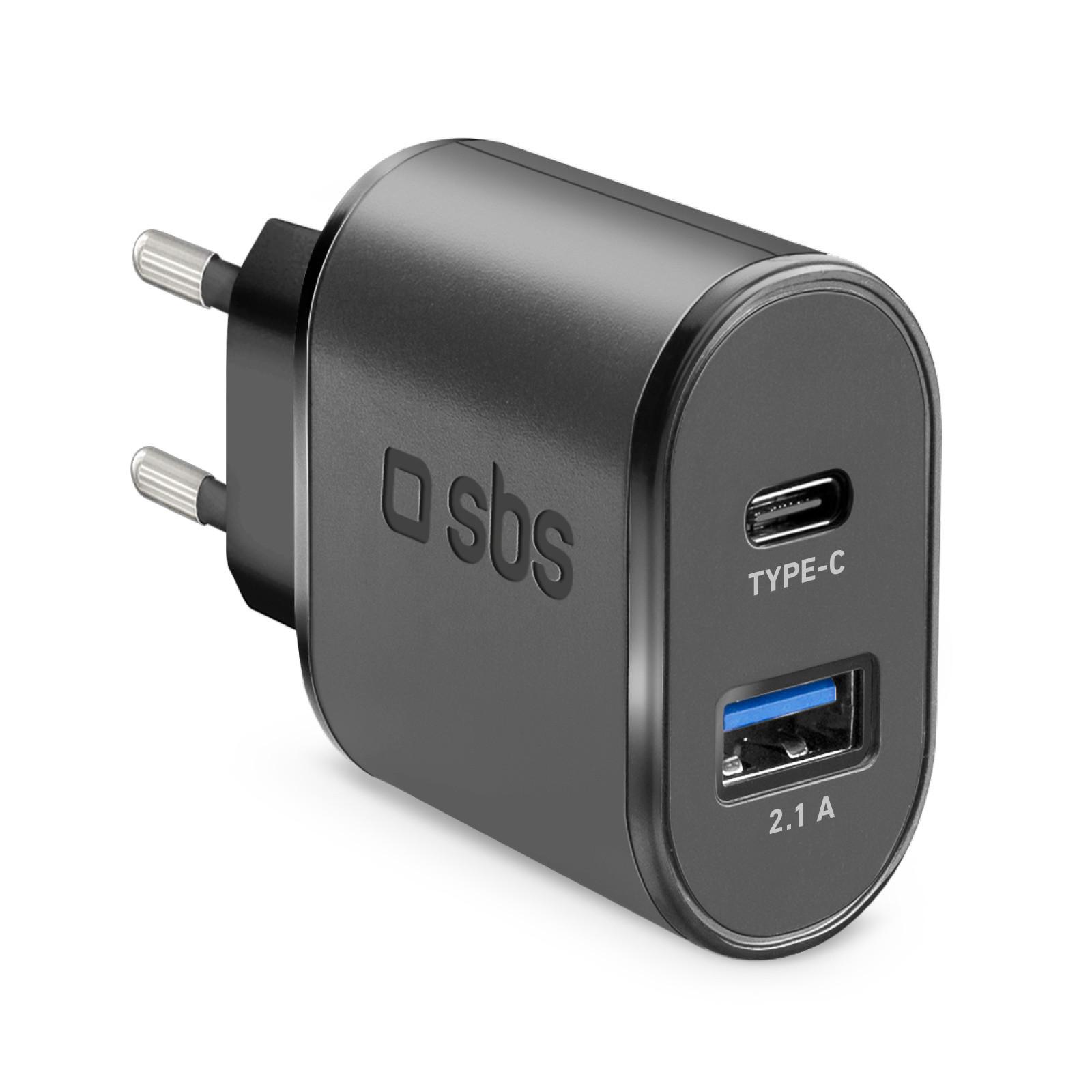 Reiseladegerät mit Schnellladefunktion, USB-A und USB-C, 2.1 A, Schwarz