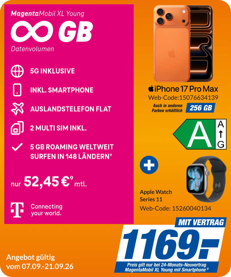 iPhone 17 Pro Max + Apple Watch Series 11 mit Magenta Mobil XL Young für 1169€