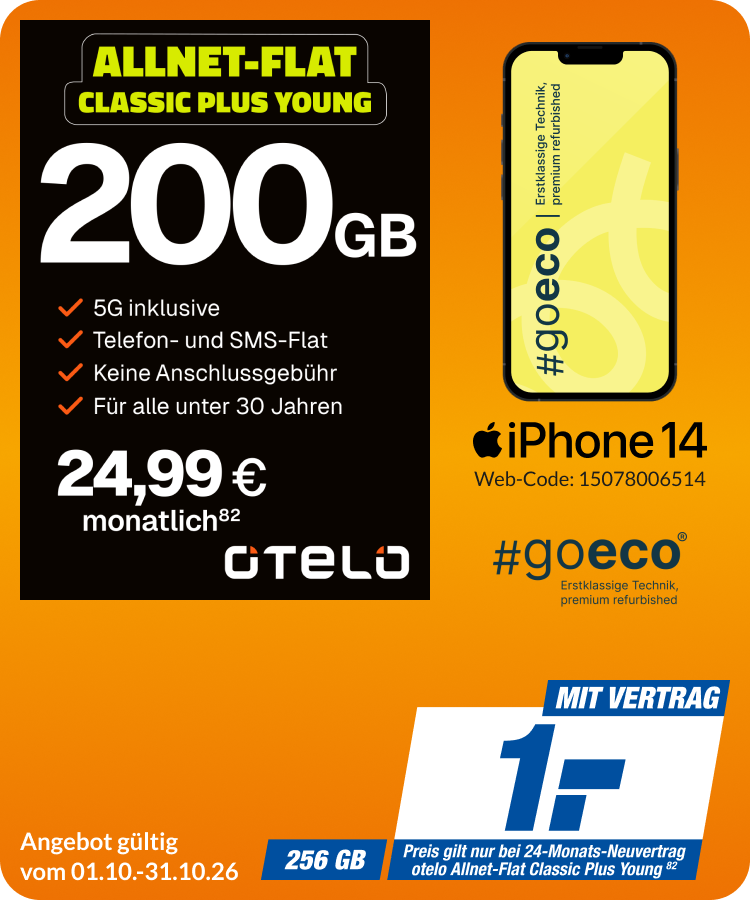 iPhone 14 mit Allnet Flat Classic Plus Young für 1€!