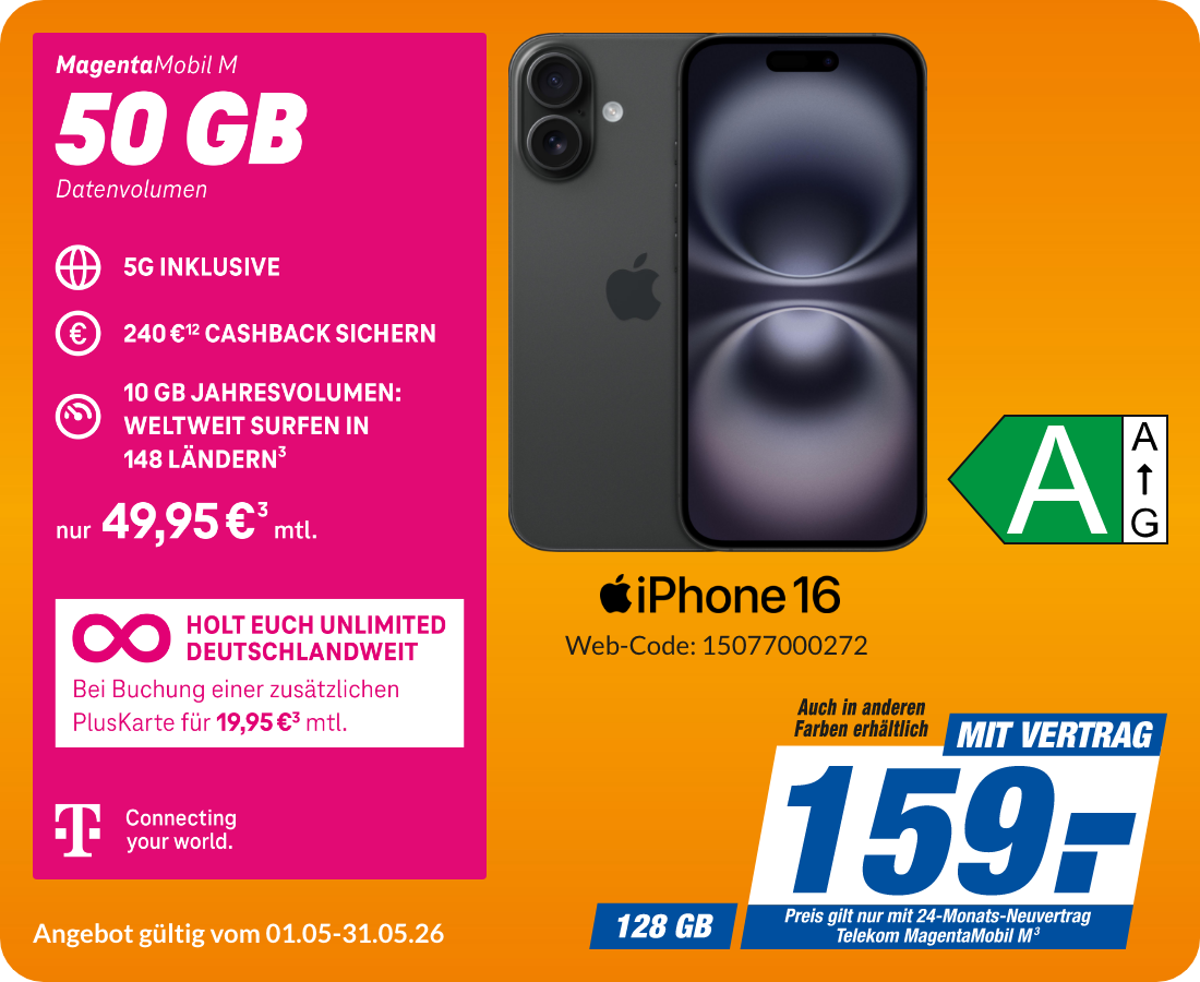 Apple iPhone 16 mit Magenta Mobil M für 159€!