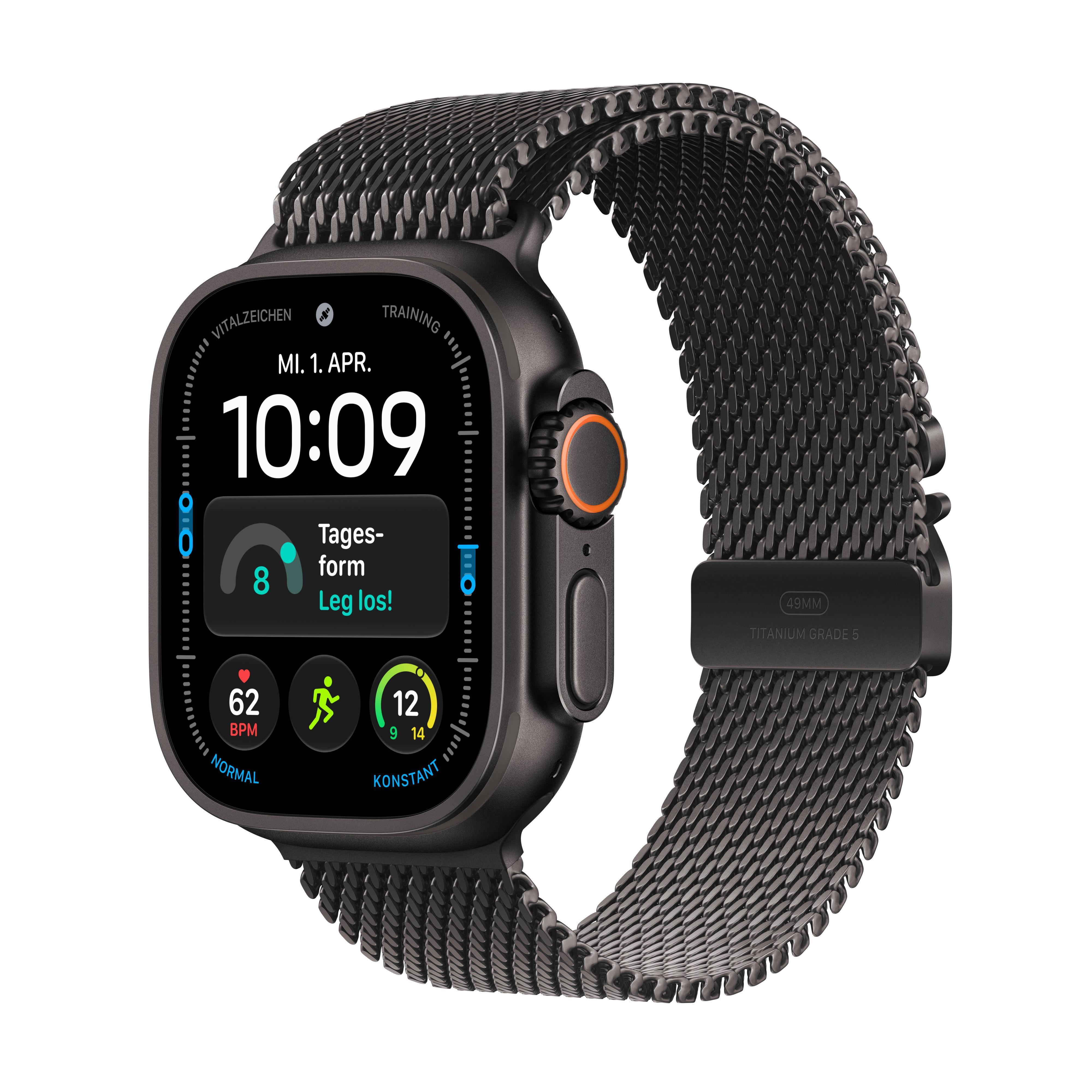 Watch Ultra 4, GPS + Cellular, 49mm, Schwarz Titaniumgehäuse mit Schwarzem Milanese Armband - S Smartwatch