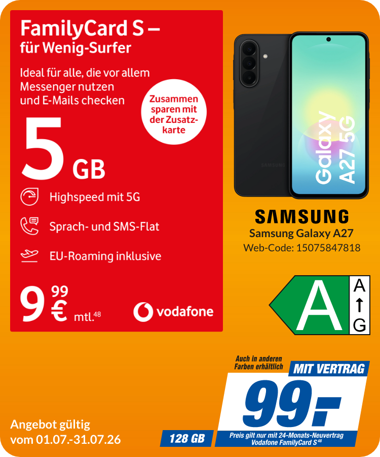 Galaxy A27 mit FamiliyCard S für 99€!