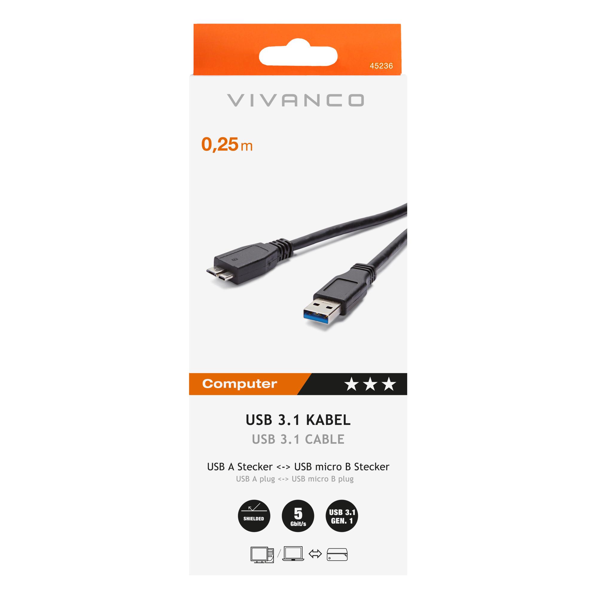 USB 3.1 Gen.1 Anschlusskabel, USB A Stecker  USB Micro B Stecker, 0,25m (45236)