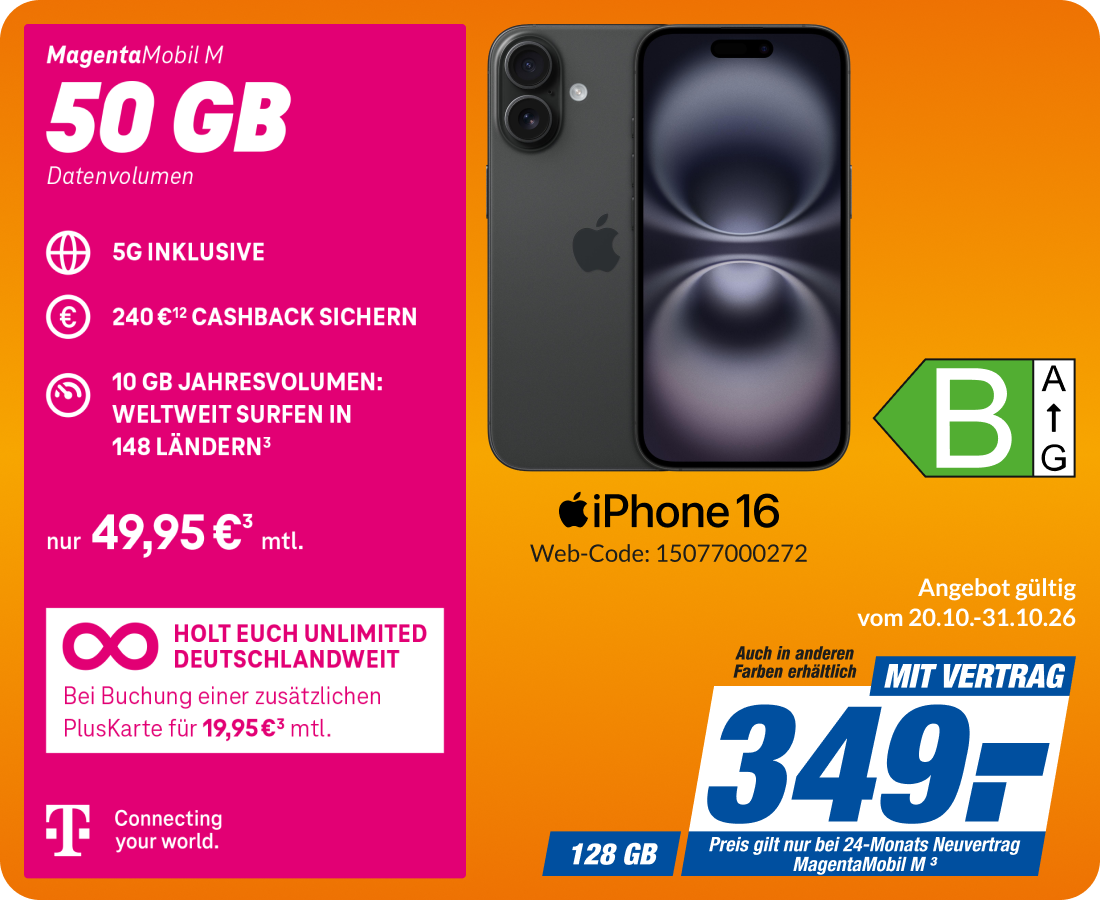 Apple iPhone 16 mit Magenta Mobil M für 349€!
